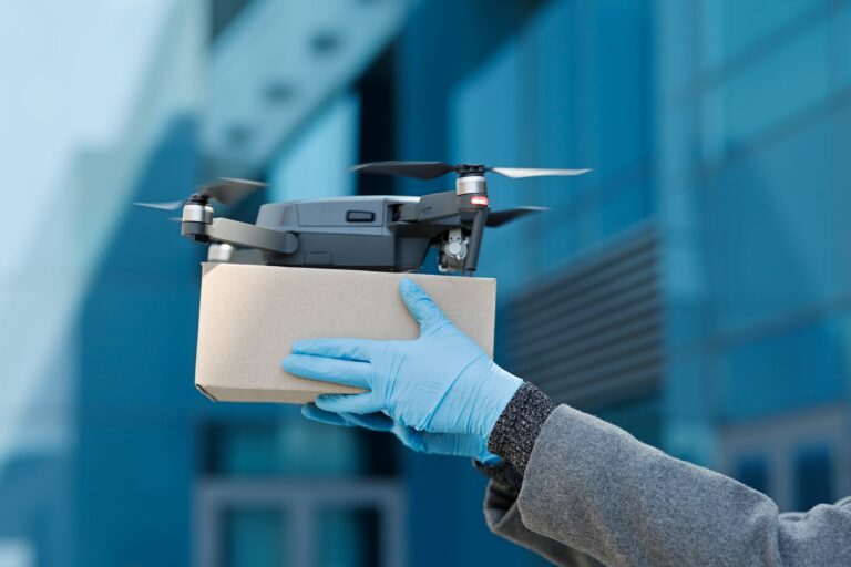 Quadrocopter drone delivery package, contactless and safe shipping