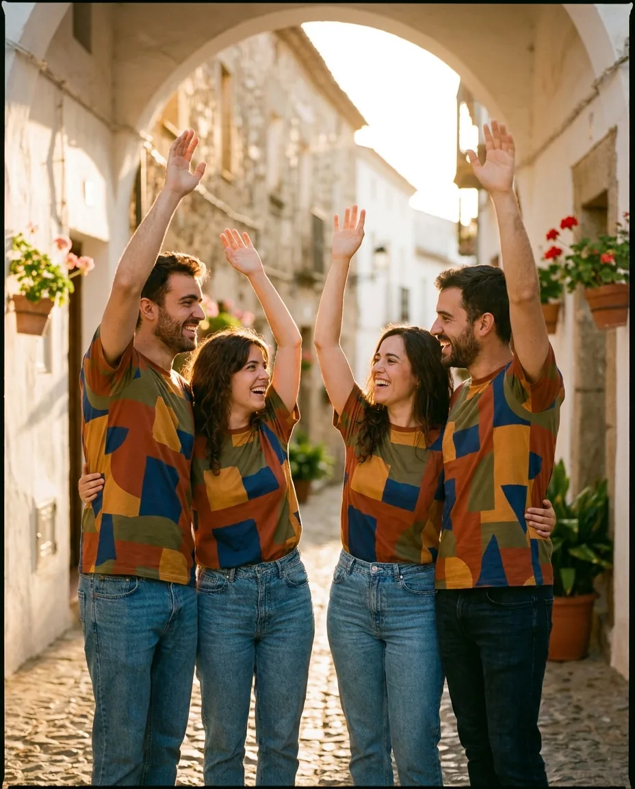Grupo de amigos en verano con camisetas personalizadas para peña, atardecer dorado en pueblo extremeño