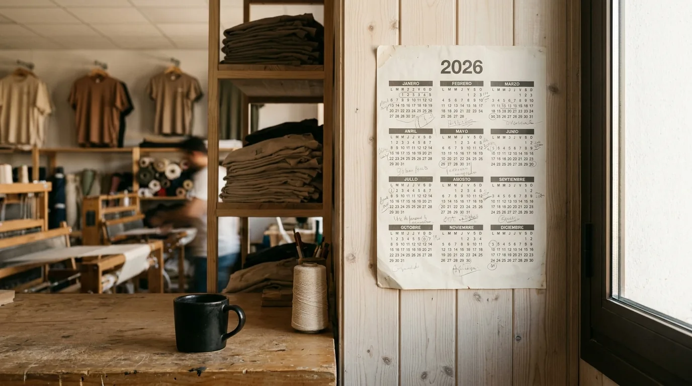 Calendario de pared analógico 2026 con anotaciones manuscritas en español de eventos textiles, taza de café y taller de personalización en background