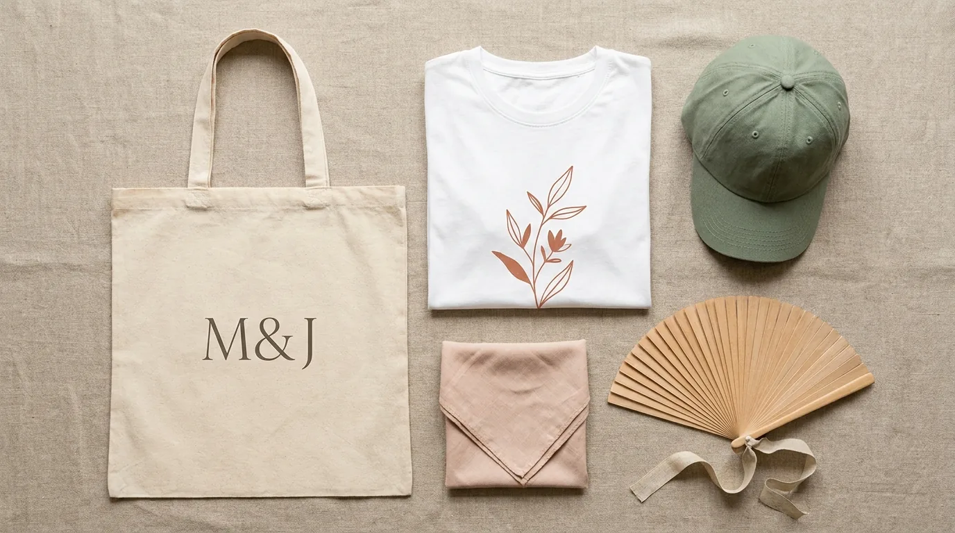 Camisetas y welcome bags para bodas: el detalle inolvidable que recuerdan los invitados (guía 2026) 1 Flatlay editorial de welcome bag de boda completo: tote bag con monograma, camiseta blanca, gorra, bandana y abanico en paleta sage green y terracota