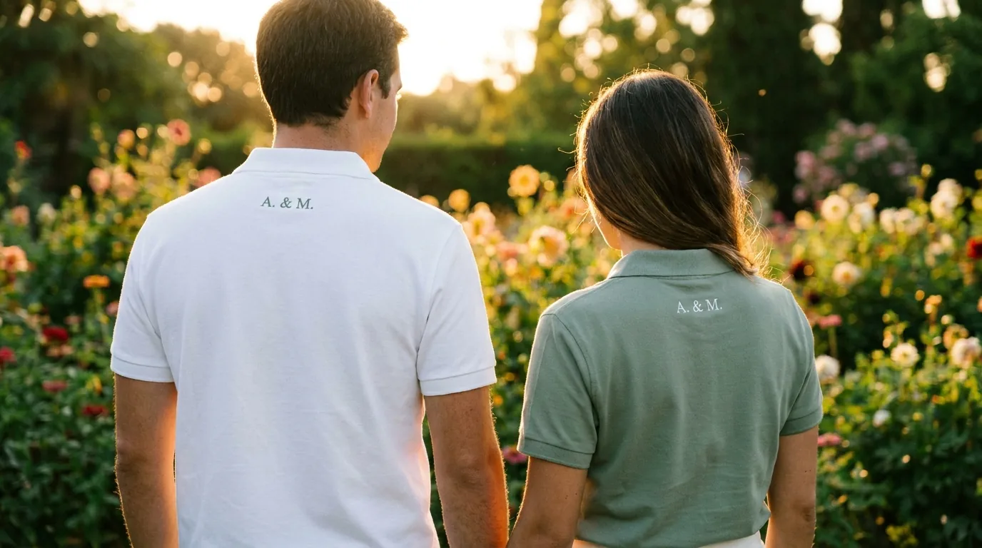 Camisetas y welcome bags para bodas: el detalle inolvidable que recuerdan los invitados (guía 2026) 4 Pareja de novios de espaldas en jardín de boda con polos personalizados a juego con iniciales