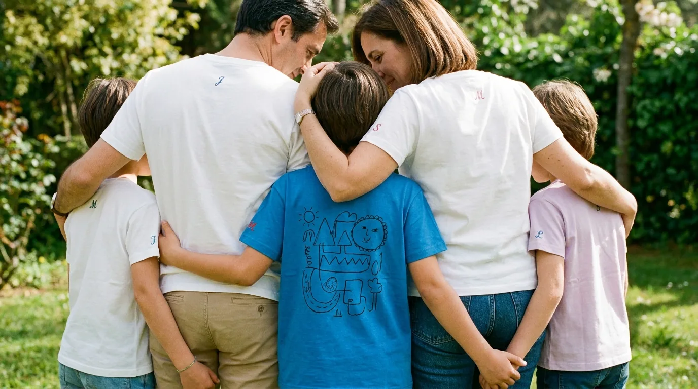 Familia de espaldas posando con camisetas personalizadas blancas para comunión, niña al centro con camiseta Team Ana en jardín exterior primavera