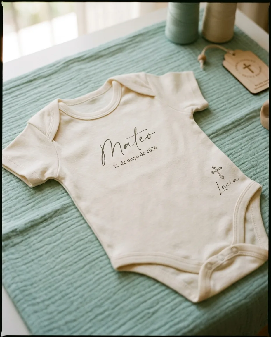 Detalle de body bebé con DTF de fecha de bautizo y nombre en algodón orgánico sobre manta pastel