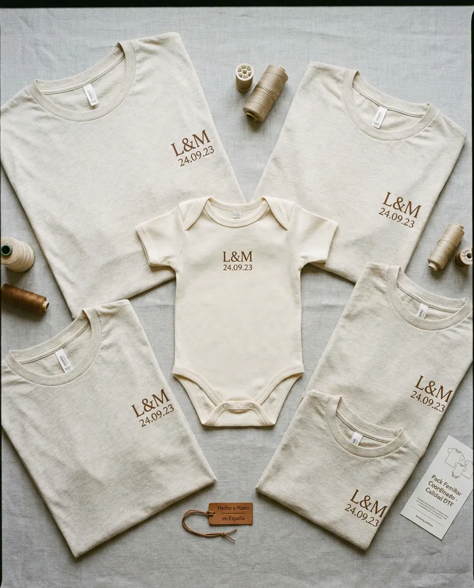 Flatlay pack familia comunión y bautizo: cinco camisetas familiares y un body bebé con diseño minimalista de iniciales