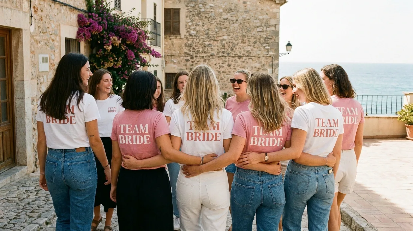 Grupo de amigas de espaldas con camisetas de despedida de soltera Team Bride en rosa, ambiente verano