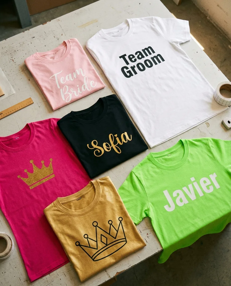 Flatlay de seis camisetas de despedida en rosa, blanco, negro, fucsia, dorado y verde fluo con diseños DTF