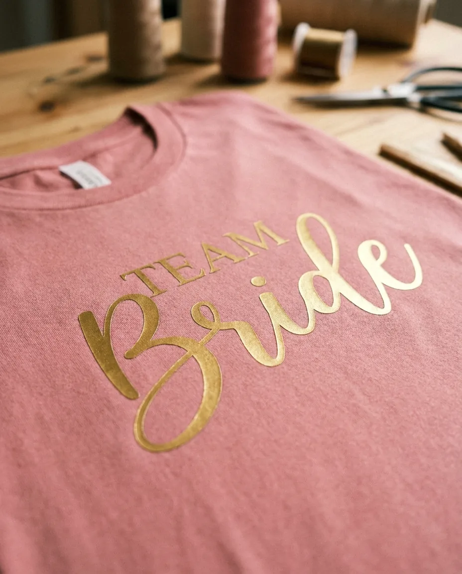 Primer plano del detalle DTF Team Bride en camiseta rosa con bordes limpios y colores saturados
