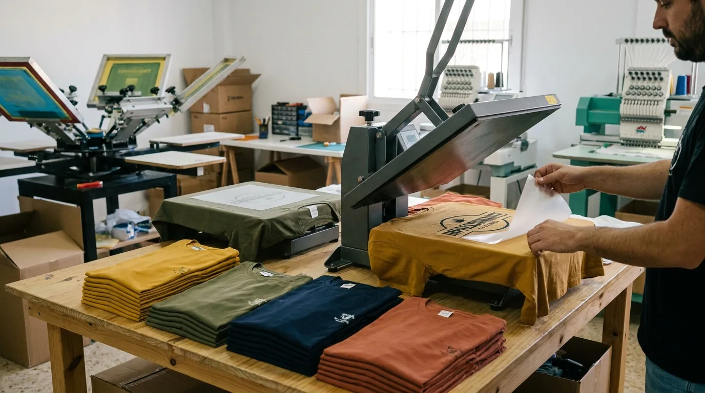 Taller Cáceres en producción con camisetas de despedida en distintas etapas de estampación DTF