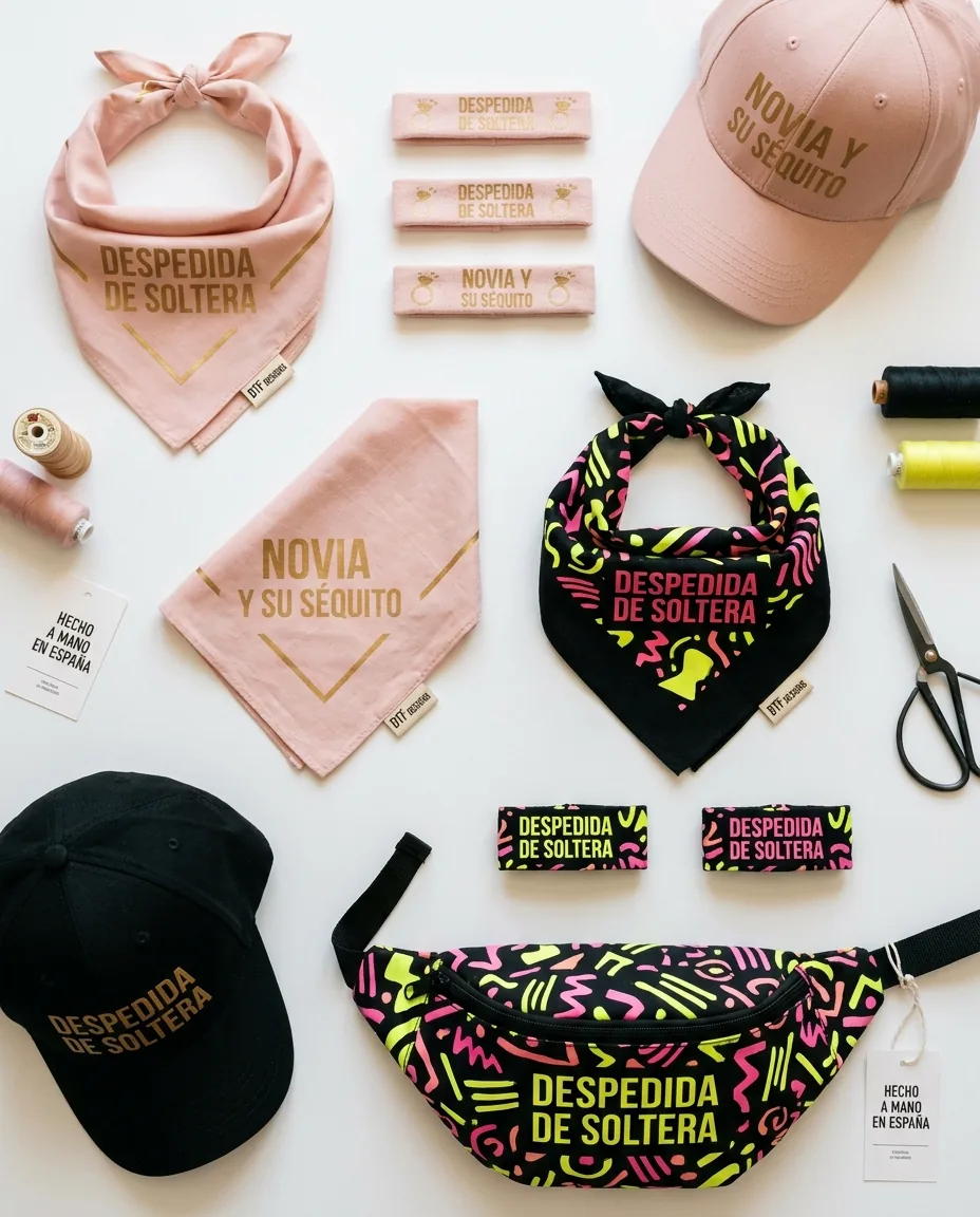 Flatlay de accesorios de despedida con DTF a juego: bandanas, pulseras de tela, gorras y riñoneras