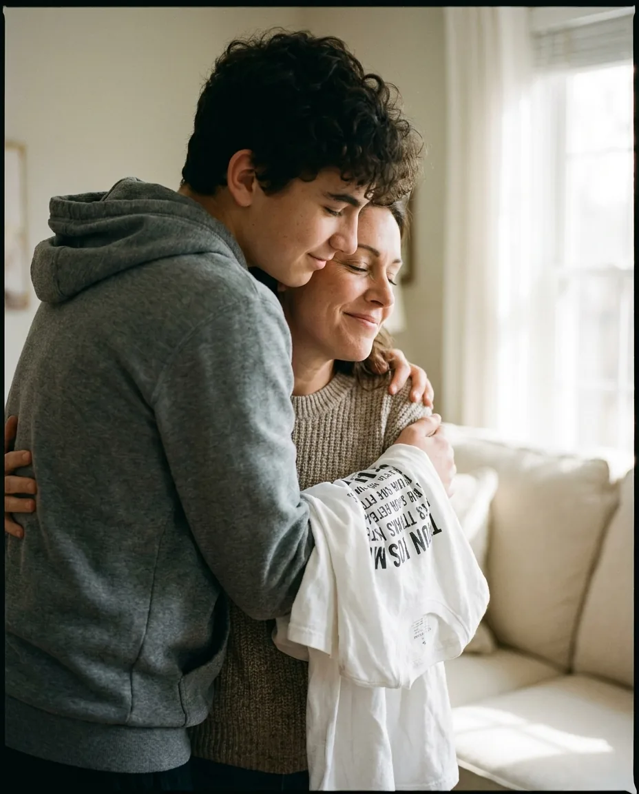 Hijo adolescente entregando emocionado camiseta personalizada a su madre en abrazo, momento real de Día de la Madre