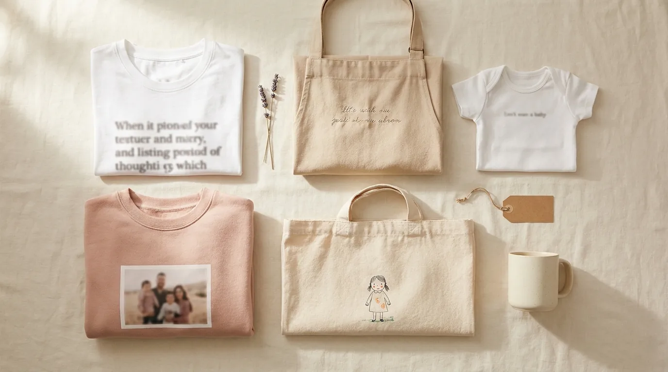 Bodegón flat-lay editorial con seis prendas personalizadas para Día de la Madre: camiseta, sudadera, delantal, tote bag, body de bebé y taza, en tonos beige y blush