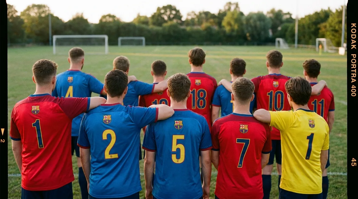 Equipo de fútbol amateur de espaldas con camisetas de equipación DTF personalizada en campo de hierba