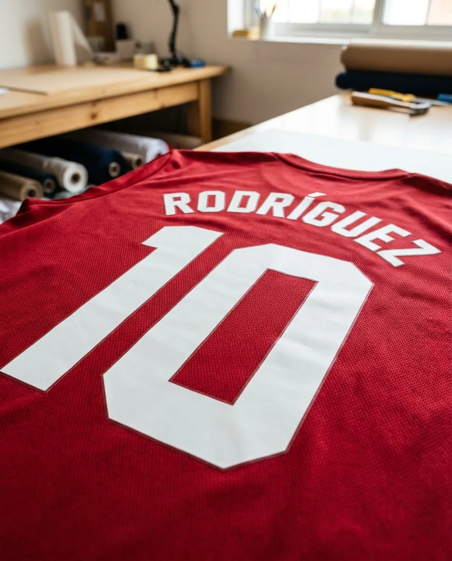Detalle macro del dorsal número 10 con nombre en DTF sobre camiseta técnica de poliéster rojo