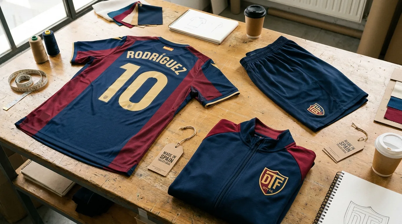 Flatlay de equipación completa de fútbol amateur: camiseta técnica, short y sudadera con escudo DTF sobre madera de taller