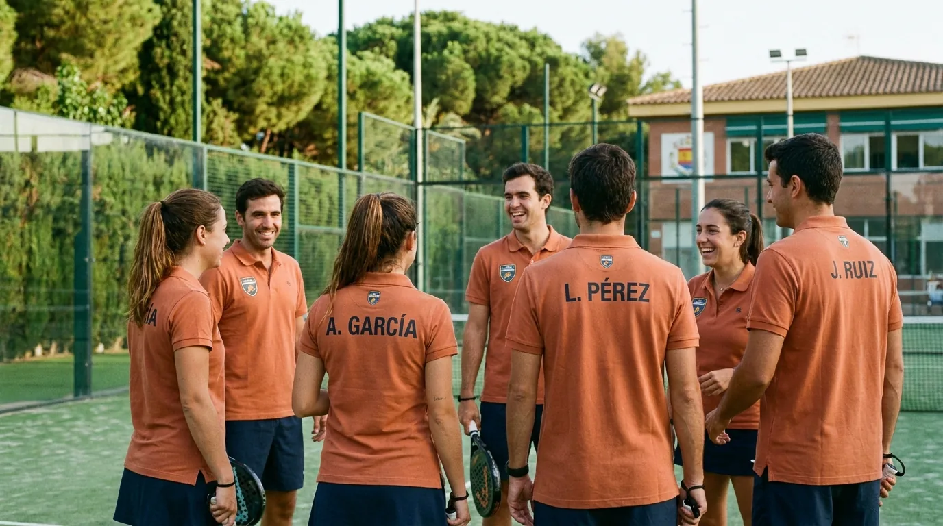 Equipo de pádel de espaldas en pista exterior con polos personalizados del club
