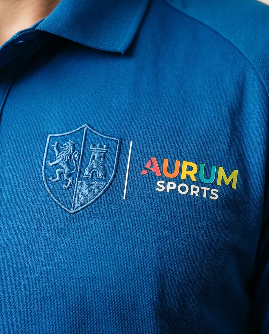 Detalle macro de escudo club bordado y logo patrocinador DTF en pecho de polo azul de pádel