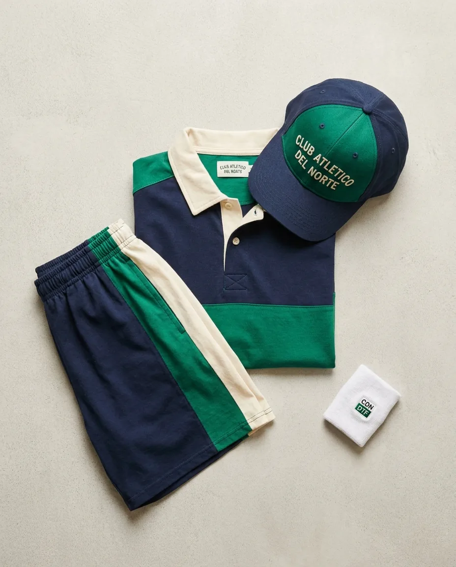 Flatlay pack pádel completo: polo técnico, short, gorra bordada y muñequera con logo a juego