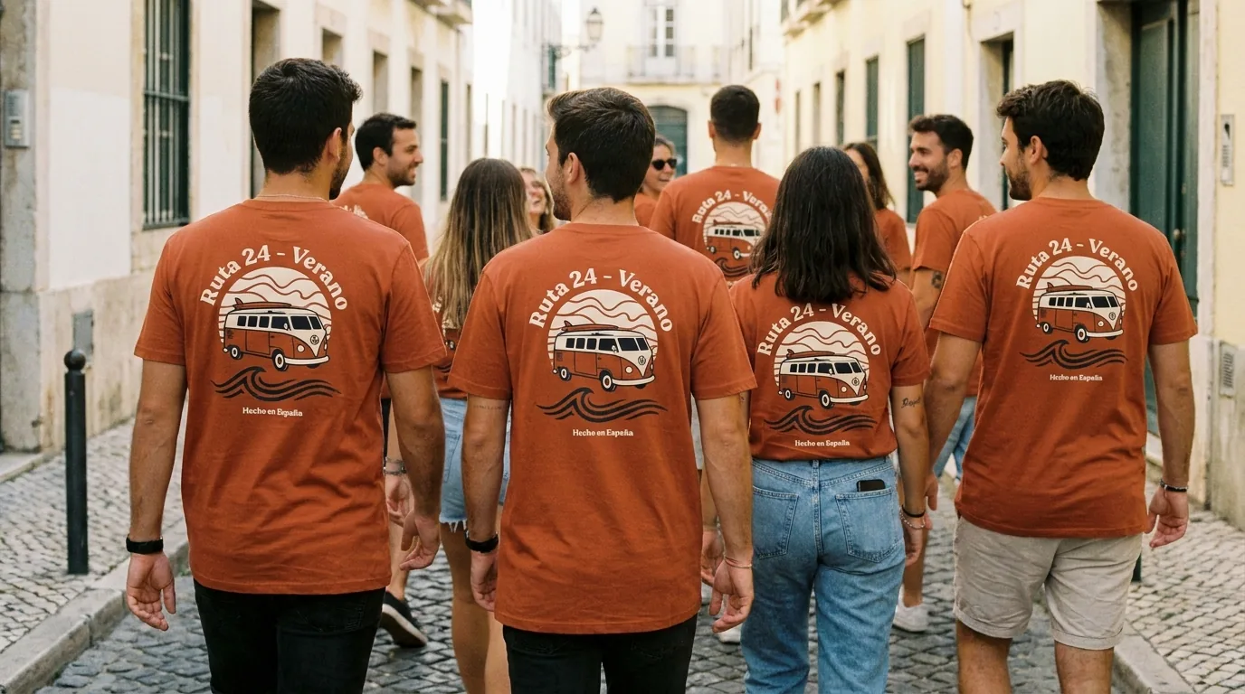 Grupo de amigos de espaldas en viaje de verano con camisetas DTF personalizadas a juego en ciudad europea