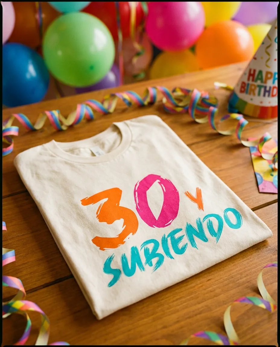 Camiseta de cumpleaños 30 con estampado DTF colorido sobre mesa de fiesta con globos de fondo