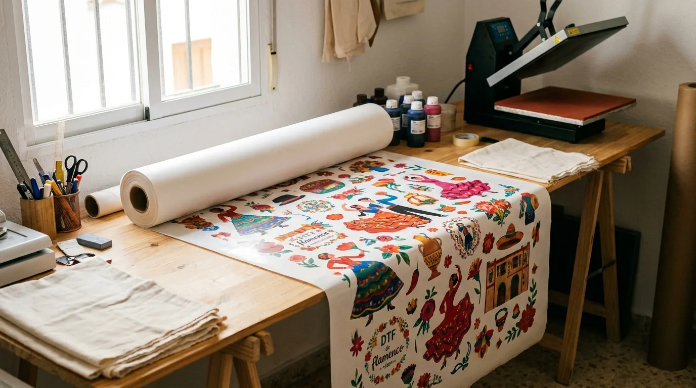 Taller de impresión DTF en Cáceres con rollo de transfer impreso para peñas de fiestas