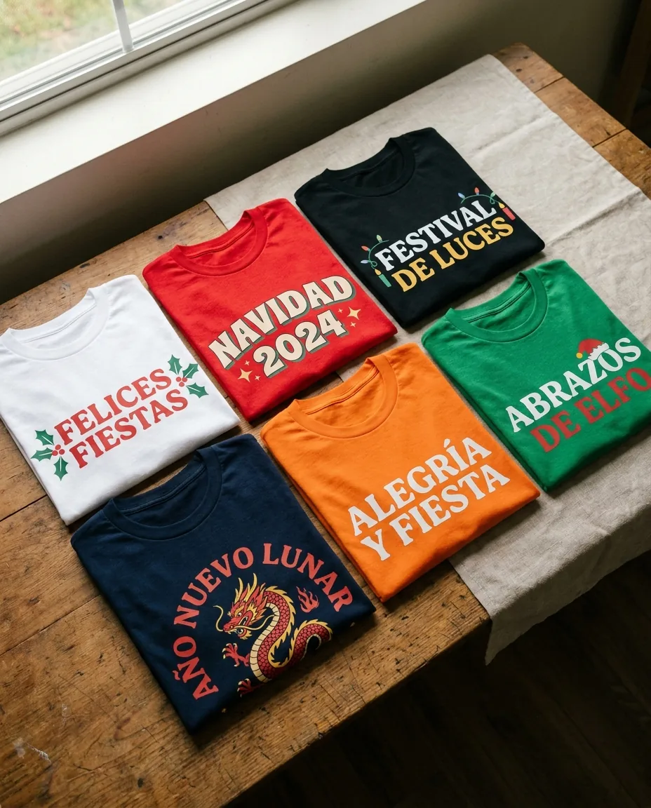Seis camisetas con transfer DTF para peña de Cáceres en colores variados sobre superficie plana
