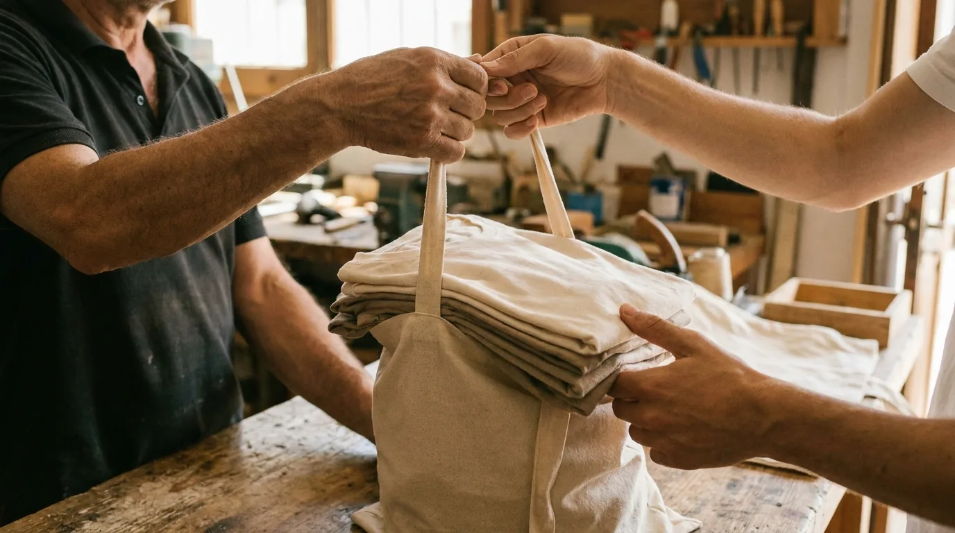 Entrega de bolsa con camisetas para peña en taller de Cáceres, manos del cliente visibles sin cara