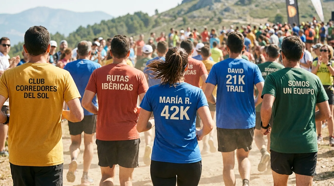 Corredores de espaldas en carrera popular con camisetas técnicas personalizadas DTF al aire libre