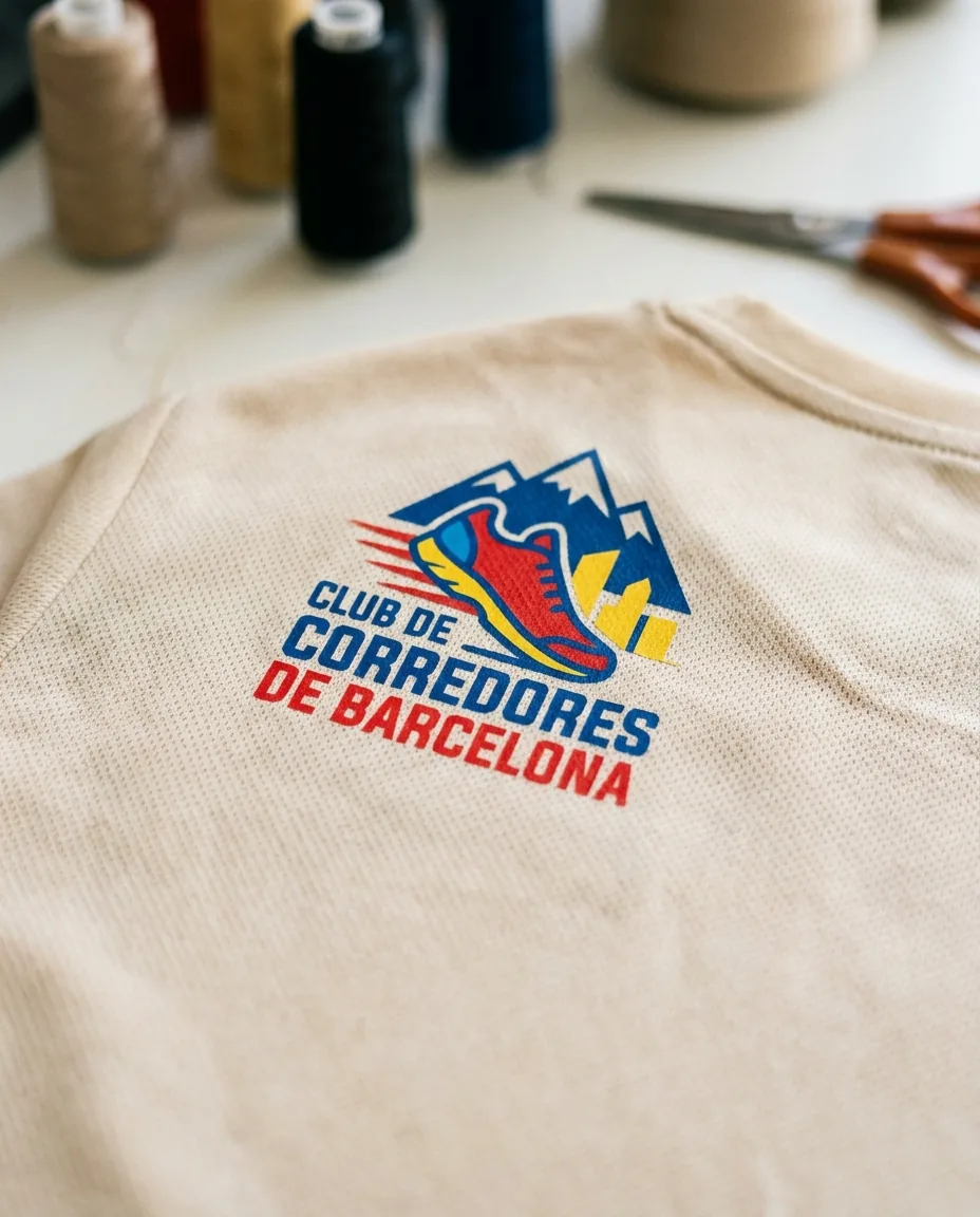 Detalle macro de transfer DTF sobre tela técnica de poliéster mesh en camiseta de running