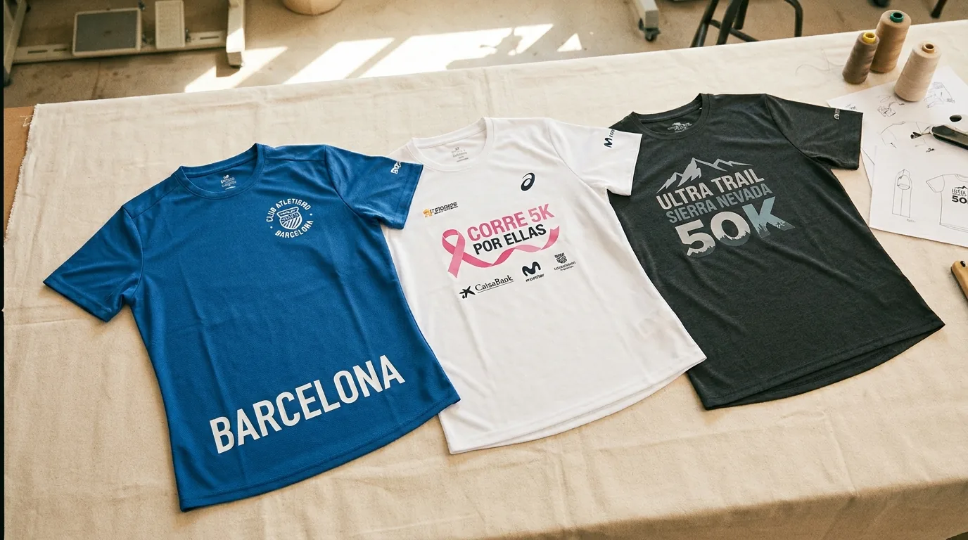 Flatlay editorial con tres camisetas running personalizadas: club, maratón solidaria y trail con DTF sobre tela técnica