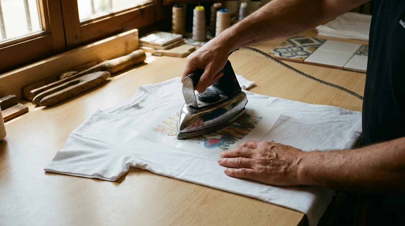 Manos prensando un transfer DTF con plancha doméstica sobre camiseta blanca de algodón en mesa de madera, taller en Cáceres con luz natural