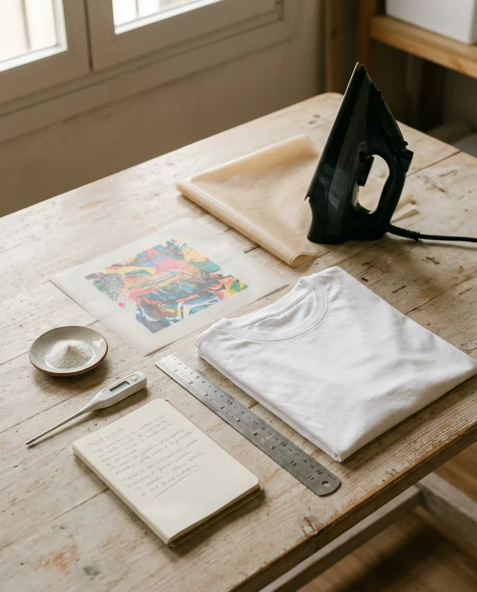 Bodegón flat lay con material necesario para aplicar DTF en casa: plancha, paño térmico, transfer DTF, camiseta blanca, regla y notas