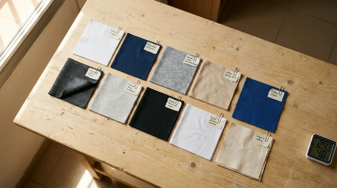 Diez muestras de tejidos textiles distintos (algodón, poliéster, mezcla, jersey, piqué, fleece, técnico, lycra, organic, French terry) etiquetados sobre mesa de taller