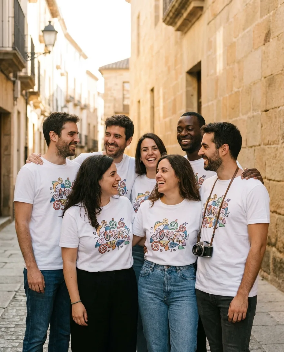 Grupo de amigos sonriendo con camisetas personalizadas DTF en una calle del casco antiguo de Cáceres