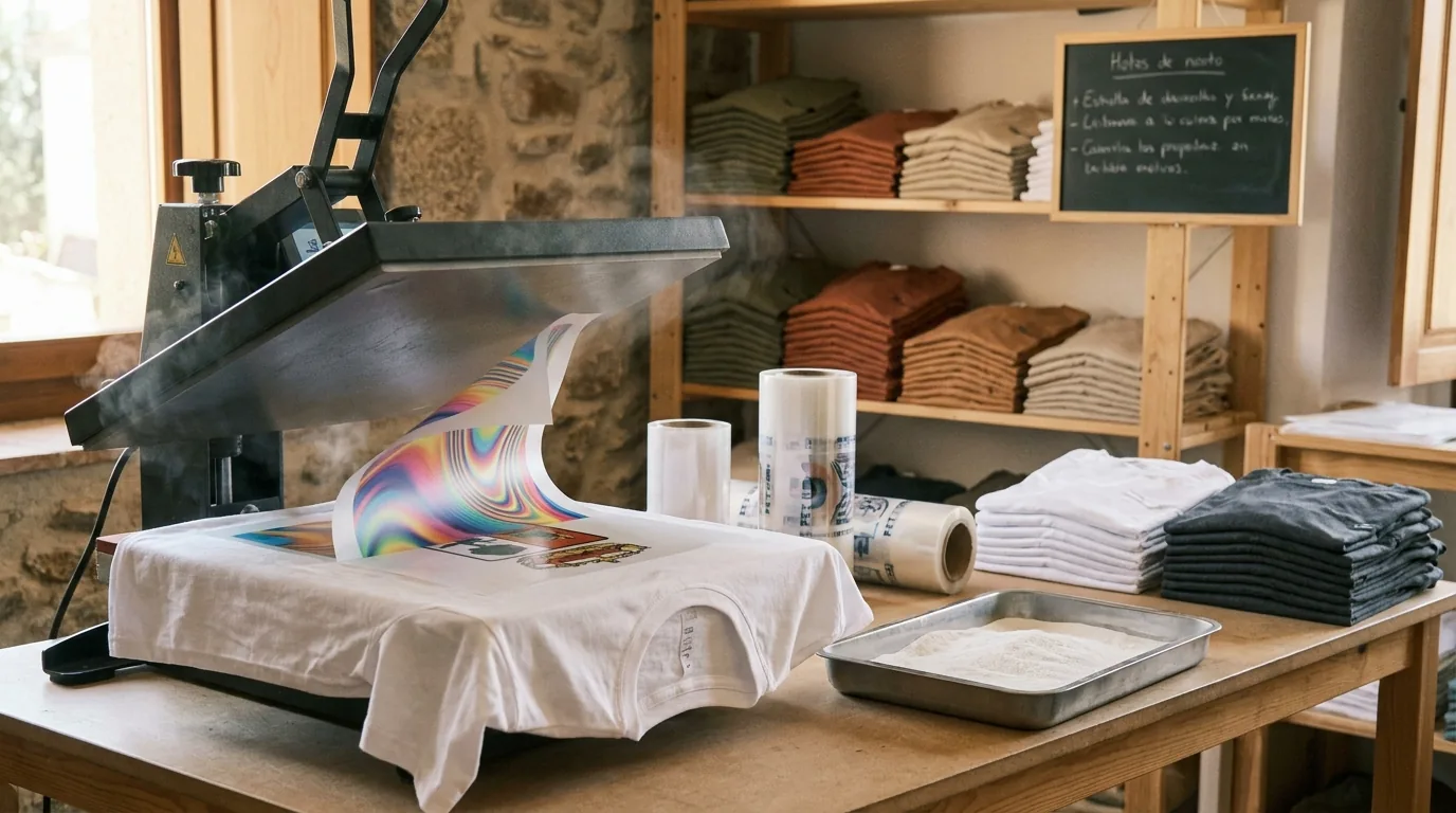 Taller físico DTF en Cáceres con prensa térmica aplicando un transfer multicolor sobre una camiseta blanca