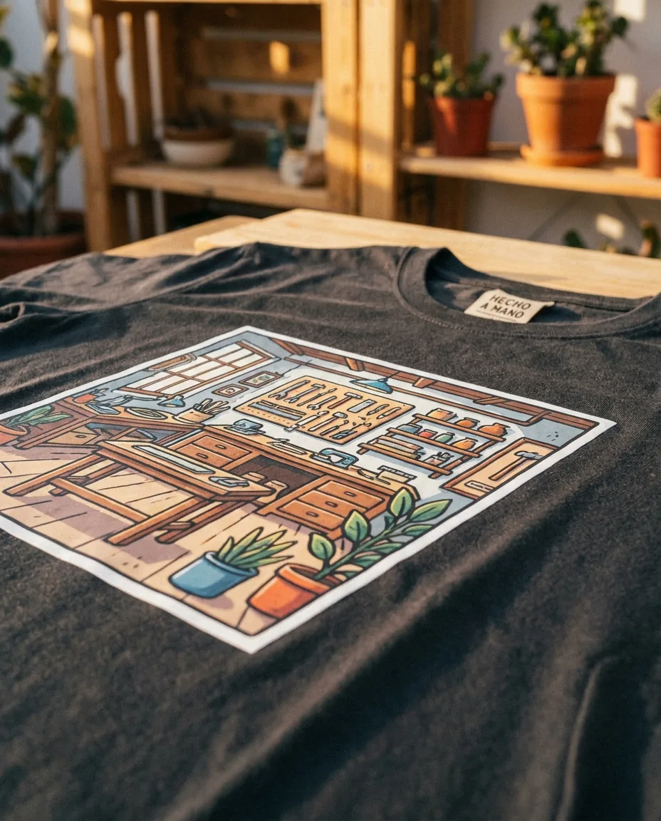 Impresión DTF en Guipúzcoa | Transfer textil para peñas, hostelería y clubes deportivos 2 Detalle de transfer DTF aplicado sobre camiseta mostrando bordes limpios y colores vivos