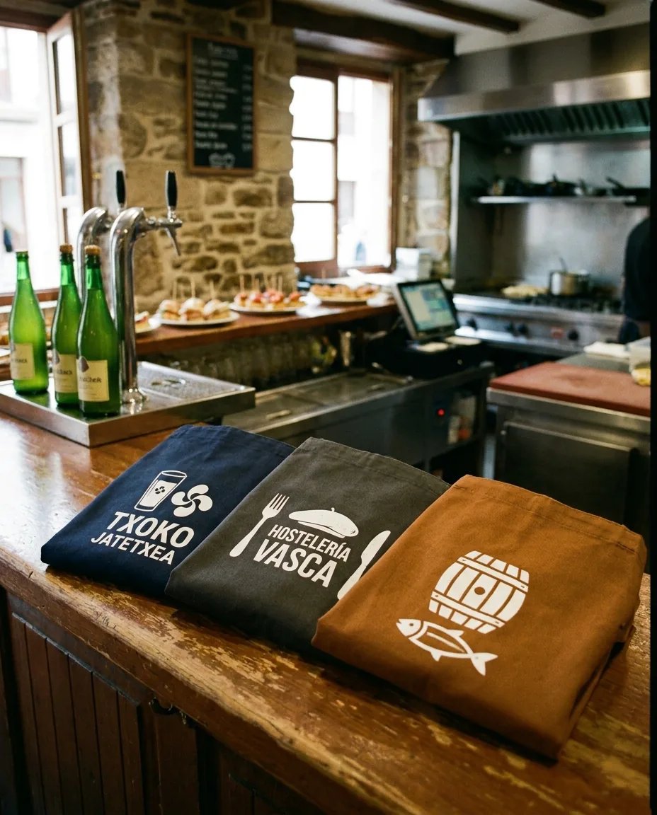 Impresión DTF en Guipúzcoa | Transfer textil para peñas, hostelería y clubes deportivos 3 Delantales personalizados con DTF para bar de pintxos en San Sebastián