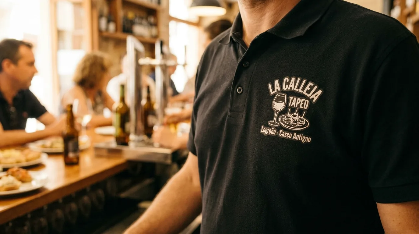 Polo con transfer DTF aplicado sobre barra de bar en la Calle Laurel de Logroño