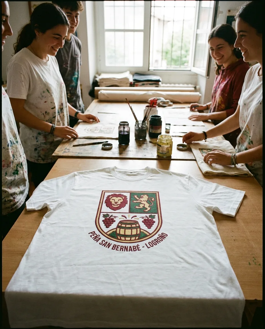 Impresión DTF en Logroño | Transfer textil para tapeo, Universidad y peñas urbanas 2 Camiseta de peña urbana de Logroño con estampado DTF multicolor para San Bernabé