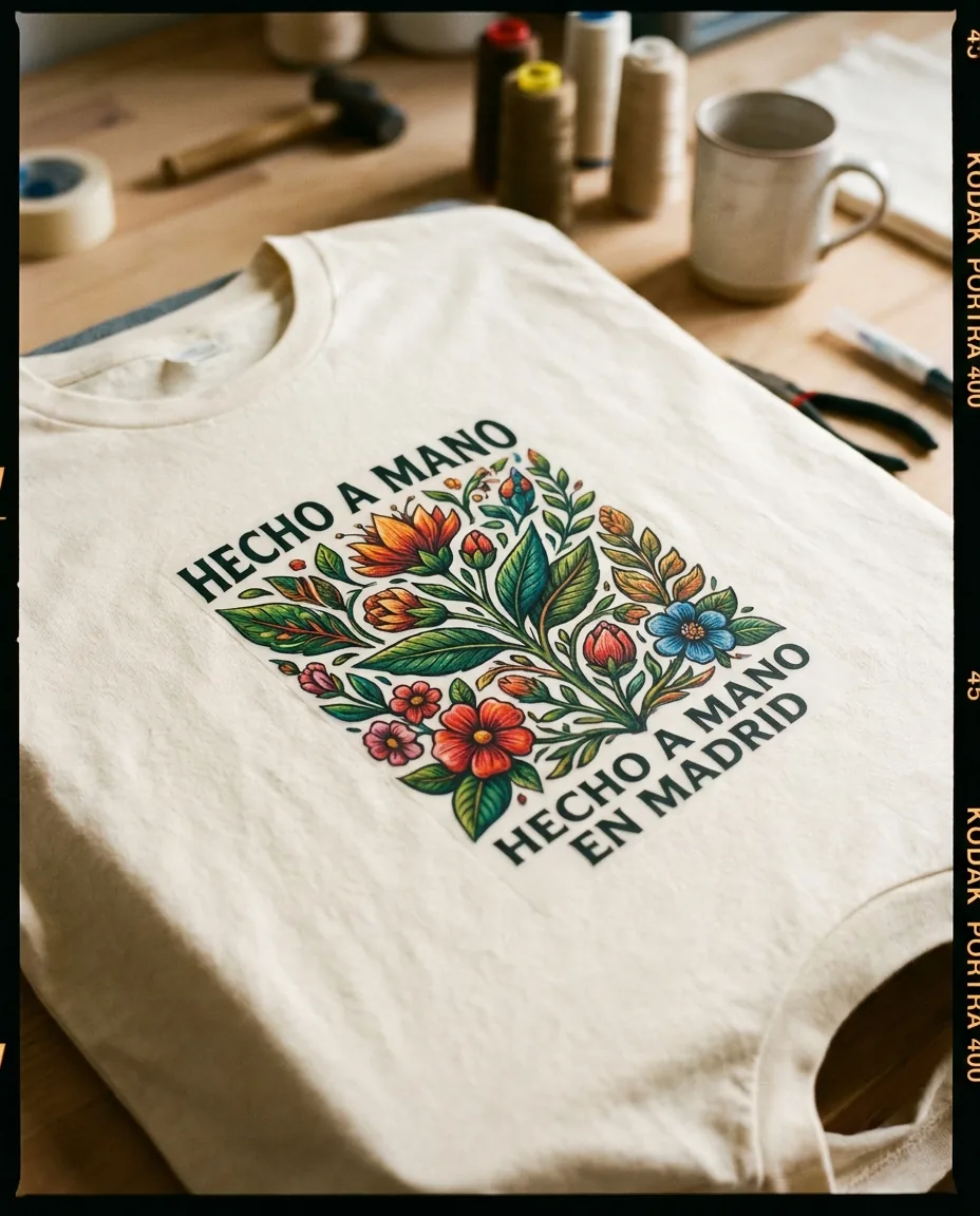 Impresión DTF en Lugo | Transfer textil para peñas, hostelería y turismo gallego 2 Detalle de camiseta con transfer DTF aplicado mostrando colores vivos y borde limpio