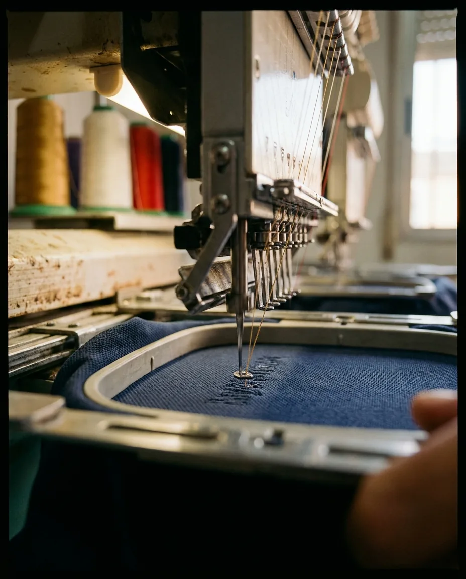 Primer plano macro de máquina bordadora industrial multicabezal cosiendo un logo corporativo en un polo piqué