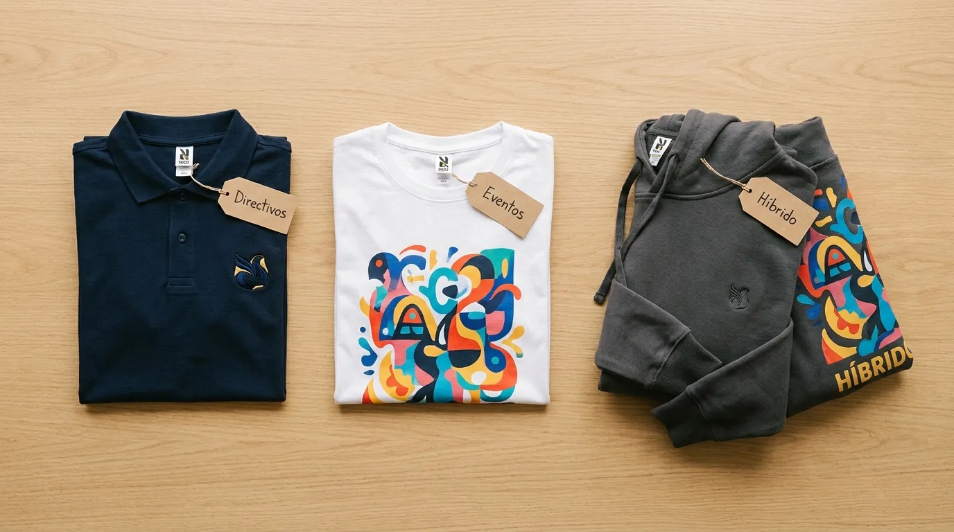 Flat lay editorial con tres prendas del mismo equipo empresarial: polo bordado, camiseta DTF y sudadera híbrida