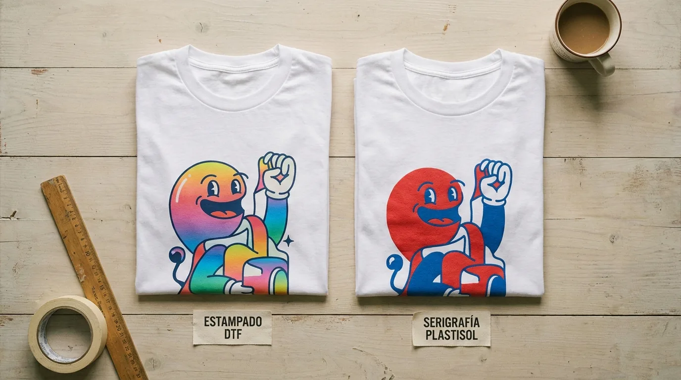 Flatlay comparativo de dos camisetas idénticas: una con estampado DTF multicolor y otra con serigrafía de dos colores planos