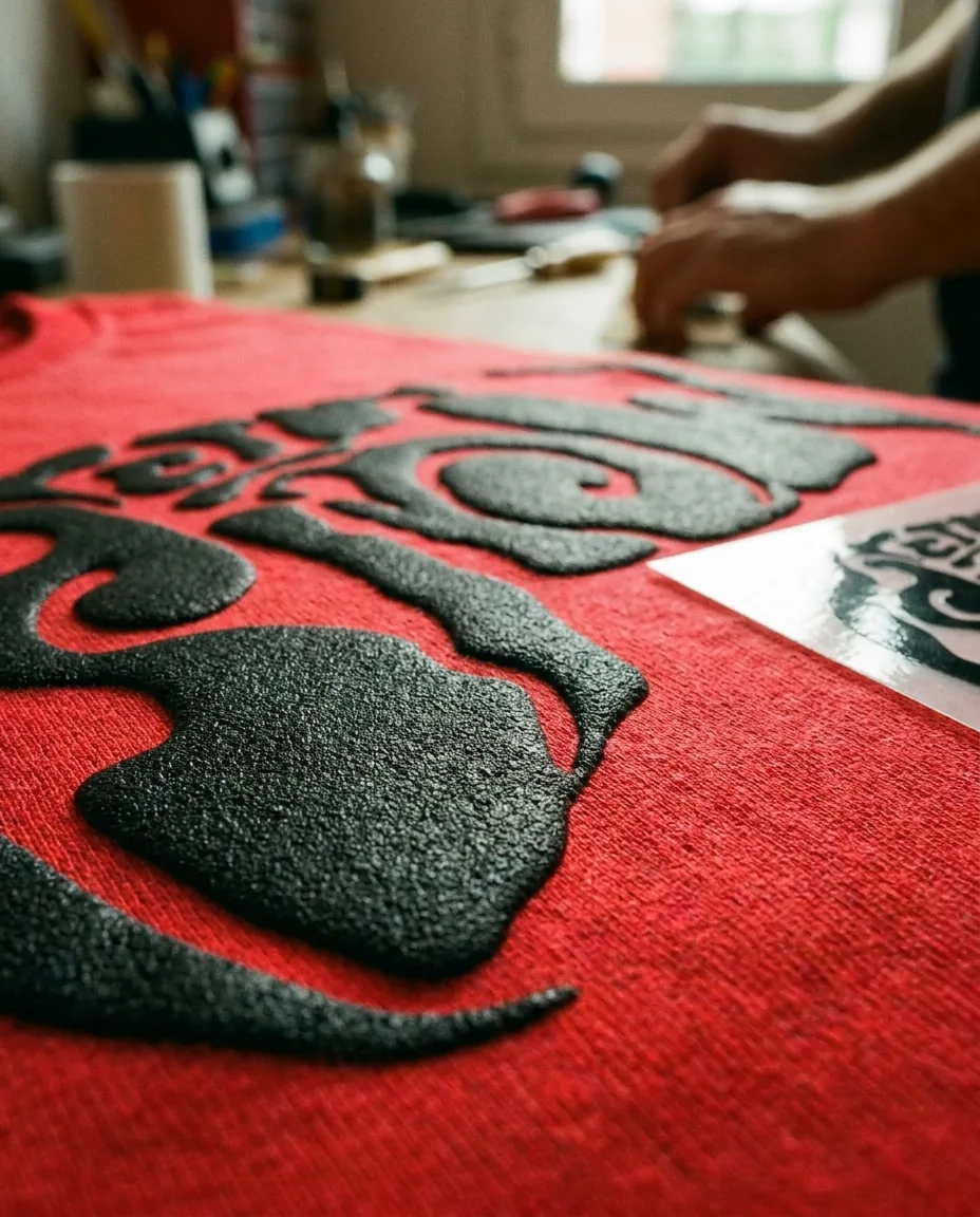 Detalle macro de serigrafía plastisol en camiseta con tacto elevado y color plano saturado