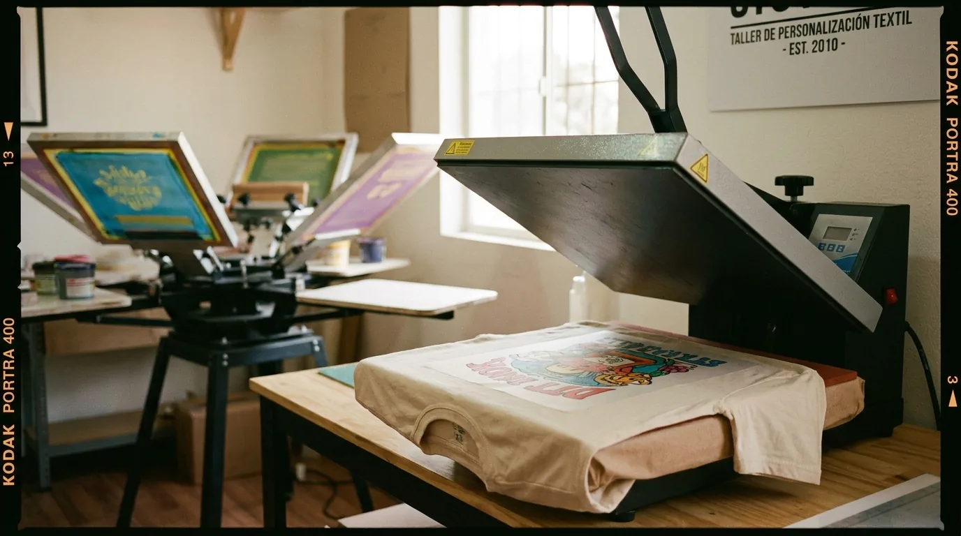 Taller de personalización textil con prensa térmica DTF en primer plano y carrusel de serigrafía al fondo
