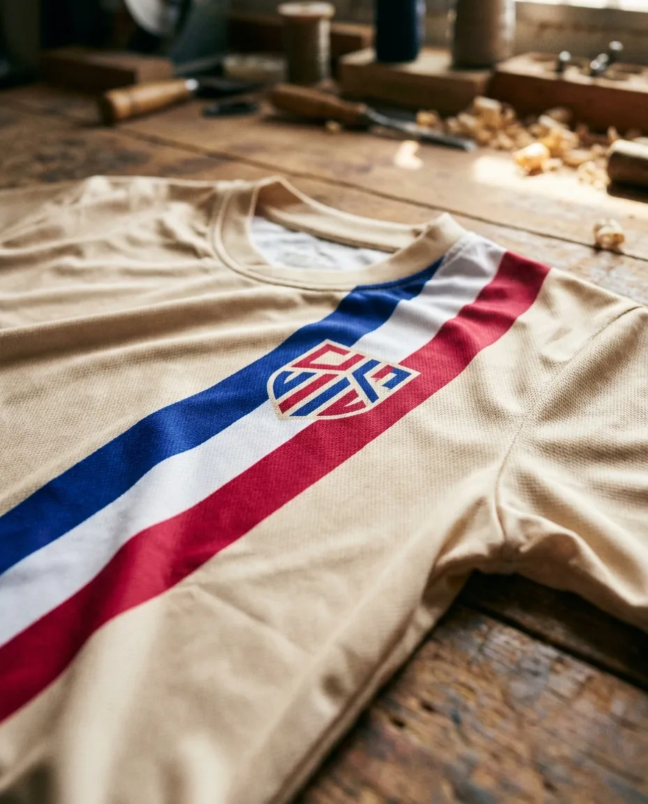 Camiseta fútbol poliéster claro con diseño all-over sublimado mostrando integración química con el tejido sin tacto añadido