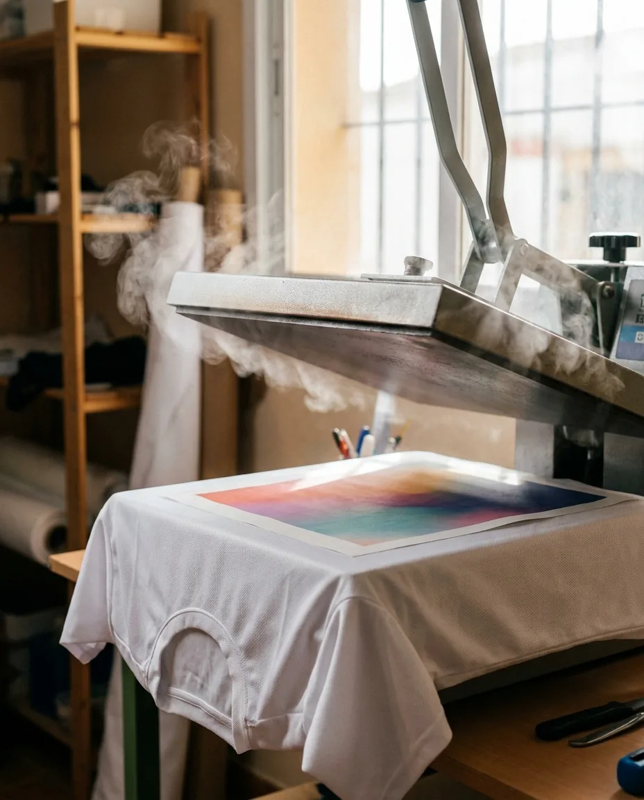 Prensa térmica aplicando transfer de sublimación sobre camiseta poliéster blanco mostrando vapor del proceso químico
