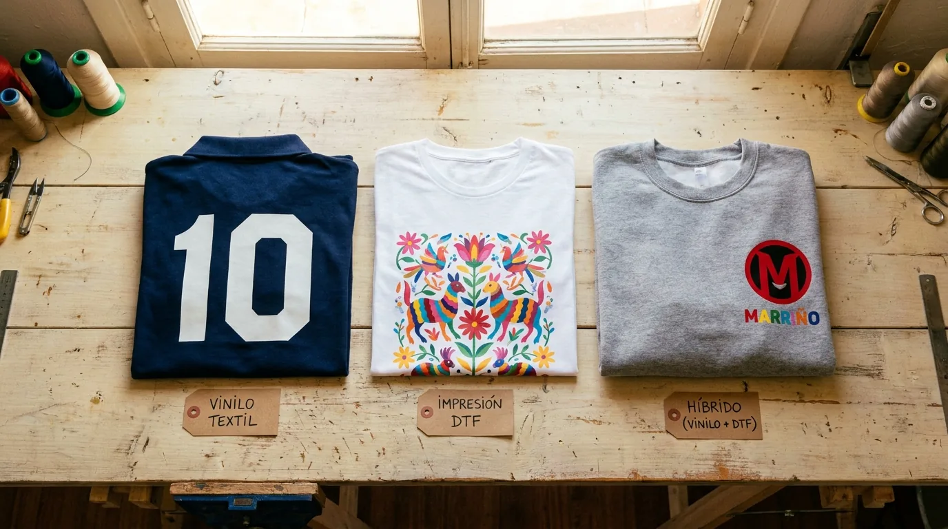 Tres prendas personalizadas comparando vinilo textil DTF y técnica híbrida en taller