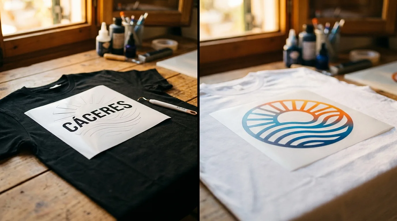 Comparativa visual entre vinilo textil HTV y transfer DTF sobre camisetas en taller de personalización en Cáceres