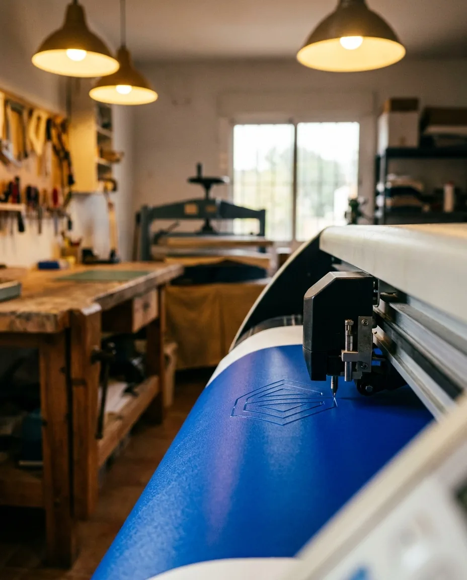 Plotter de corte cortando vinilo textil de color sólido azul en taller de personalización
