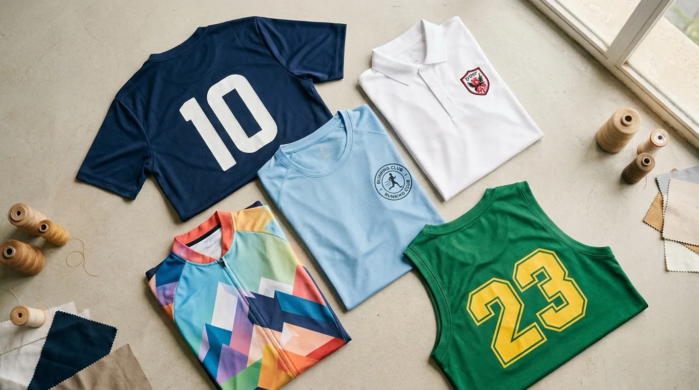 Flatlay de equipaciones deportivas amateur: camiseta fútbol, polo pádel, camiseta running, maillot ciclismo y camiseta basket con estampado DTF visible